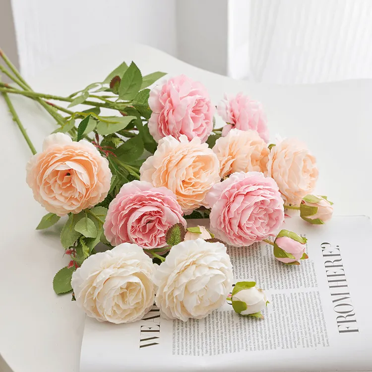 仿真3头洋牡丹花婚庆婚礼装饰玫瑰花束客厅摆设欧式绢花牡丹假花