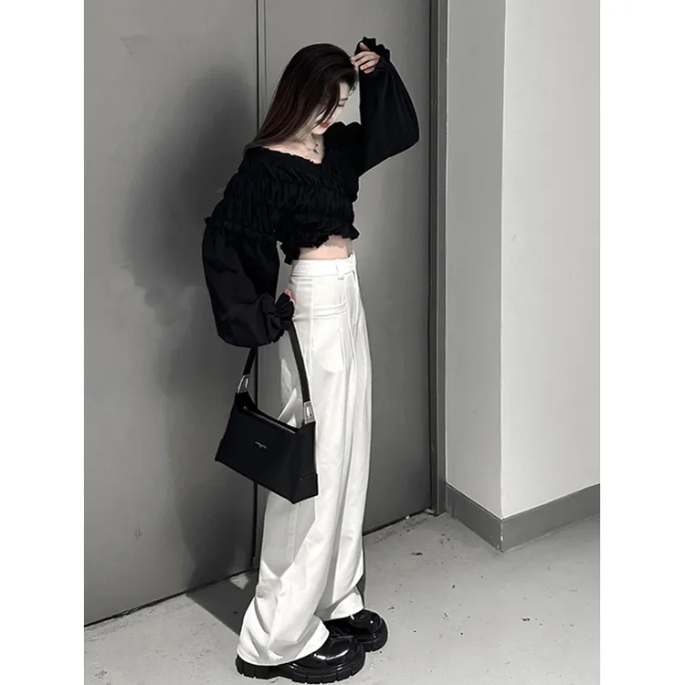黑色泡泡袖上衣阔腿裤两件套春季法式小个子御姐风高级感穿搭套装