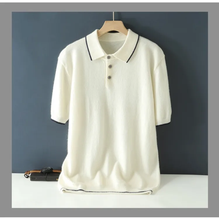 新品100%纯山羊绒衫领边撞色POLO半袖时尚百搭气质短袖简约宽松衫