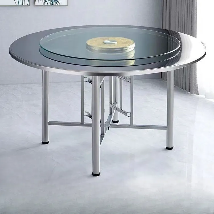 不锈钢圆桌家用圆形餐桌折叠桌面宴会厅桌子旋转餐桌便携式餐桌
