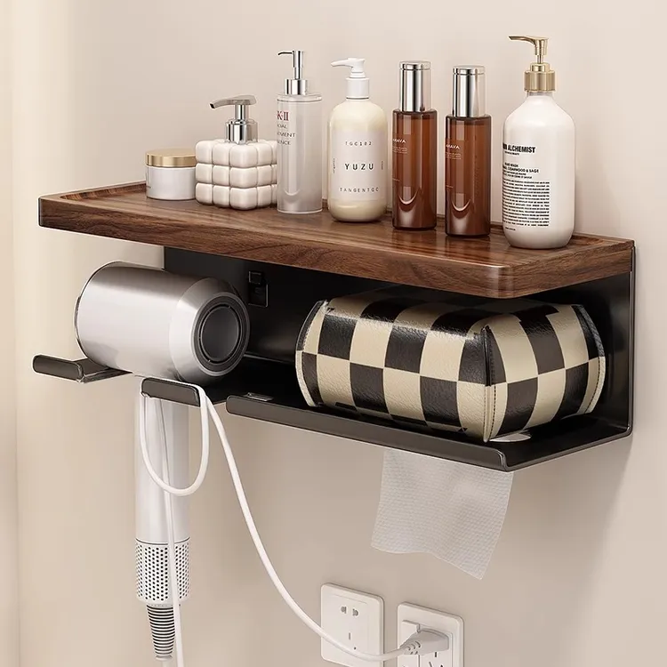 胡桃木卫生间吹风机置物架免打孔厕所洗漱台上方风筒卫生纸收纳架