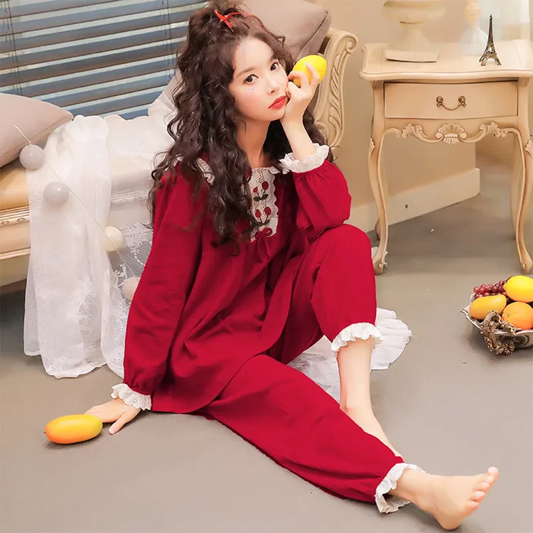 公主风纯色棉睡衣女春秋季长袖套装可爱甜美红色本命年家居服秋冬
