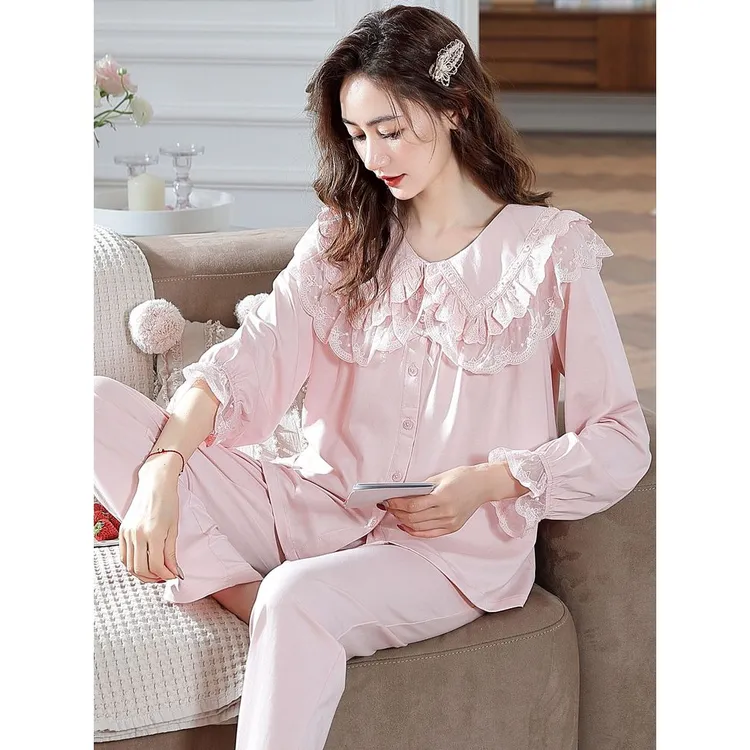 睡衣女春秋季莫代尔长袖薄款公主风花边翻领开衫家居服套装