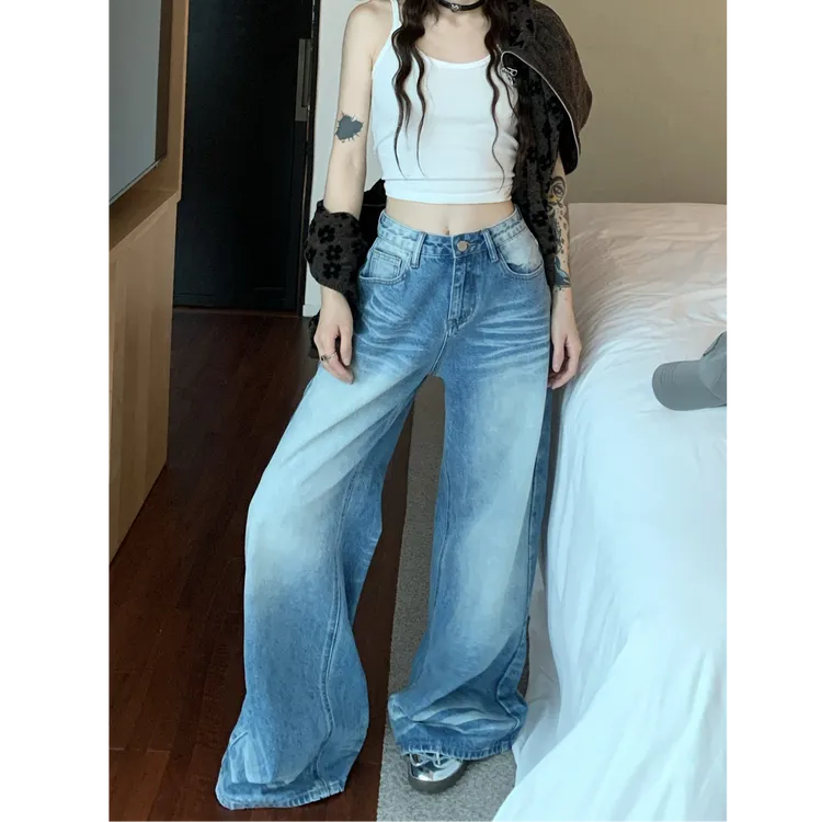 水洗蓝色阔腿牛仔裤女秋季美式高腰直筒大码女装宽松休闲拖地长裤