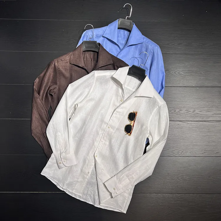 绅士意式100%亚麻一片领衬衫男士商务休闲绅装复古百搭帅气衬衣