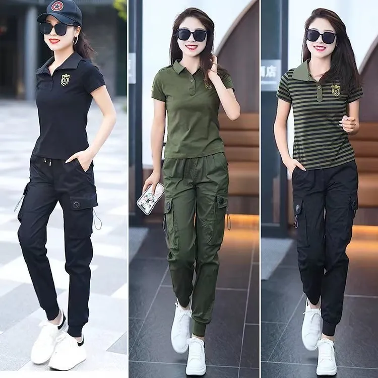 2025新款时尚休闲短袖t恤工装长裤两件套大码减龄显瘦军绿套装女