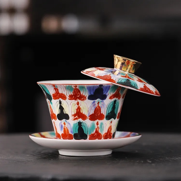 悬停盖碗可旋转盖碗创意万佛茶盖碗茶杯陶瓷功夫茶具泡茶套装整套