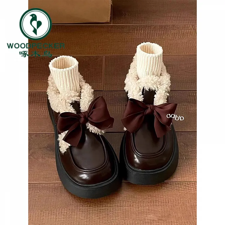 啄木鸟厚底蝴蝶结学院风小皮鞋女2025年秋冬新款乐福鞋百搭单鞋子