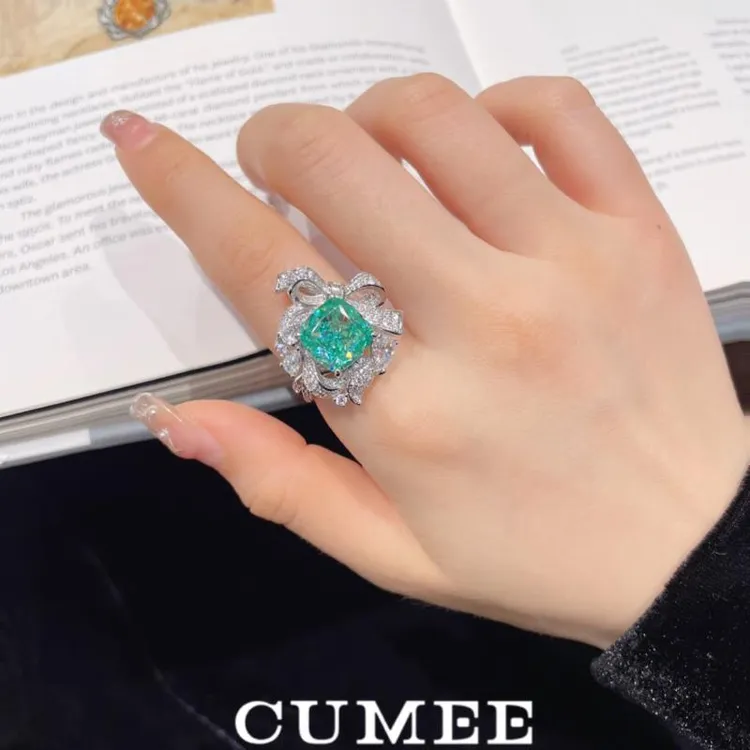 Cumee 925银戒指 花束设计款方钻切工火彩帕拉伊巴色戒指 银镀金