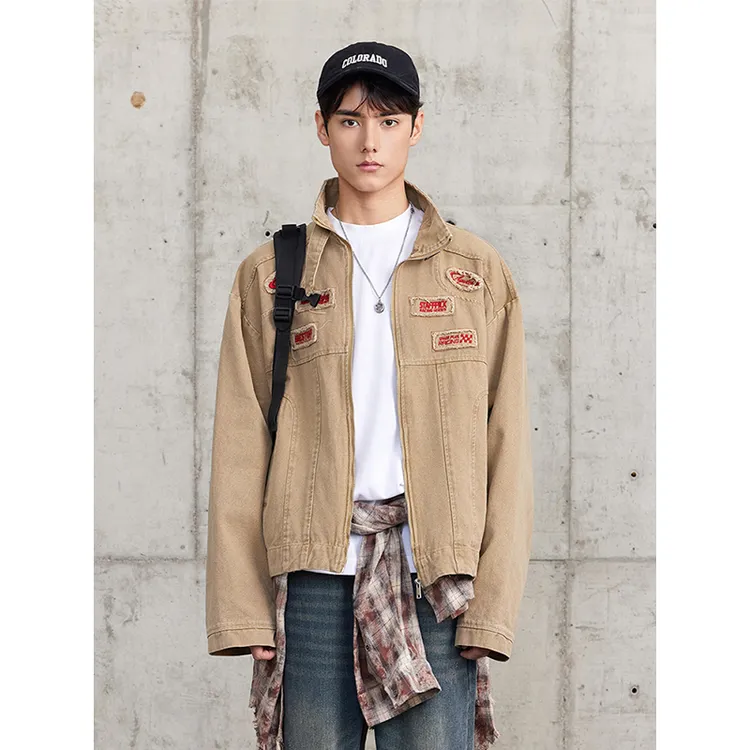 贴布字母刺绣立领夹克外套美式机车风男女百搭工装牛仔服