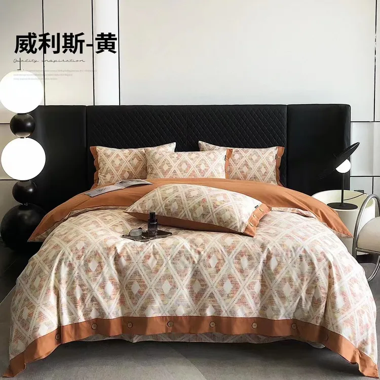 2025新款全棉加厚陶瓷磨毛四件套轻奢时尚100纯棉亲肤纽扣款4件套