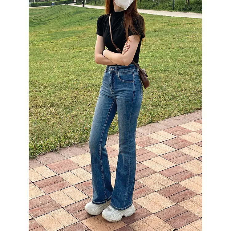 微喇牛仔裤女中高腰修身长裤初秋新款小个子喇叭裤子复古宽松弹力