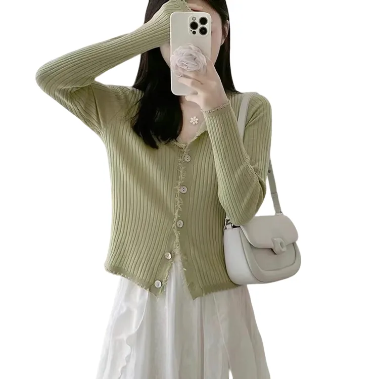 小香风流苏边针织衫女开衫圆领修身薄款上衣外套单排扣