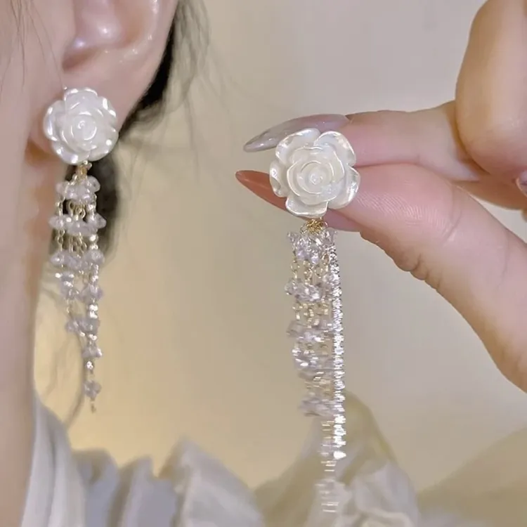 铜合金耳饰 925银针山茶花流苏长款小众设计感高级耳环女新款爆