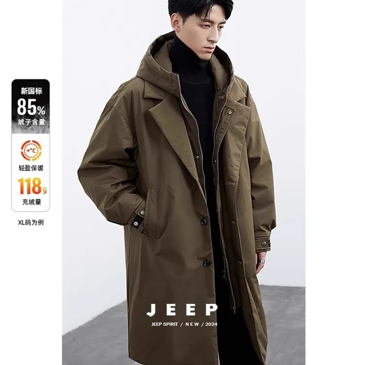 JEEP SPIRIT假两件中长款羽绒服男冬季宽松加厚保暖防风连帽外套