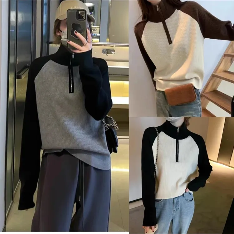秋冬胖mm大码洋气显瘦套头时尚拉链中领休闲百搭宽松毛衣女针织衫
