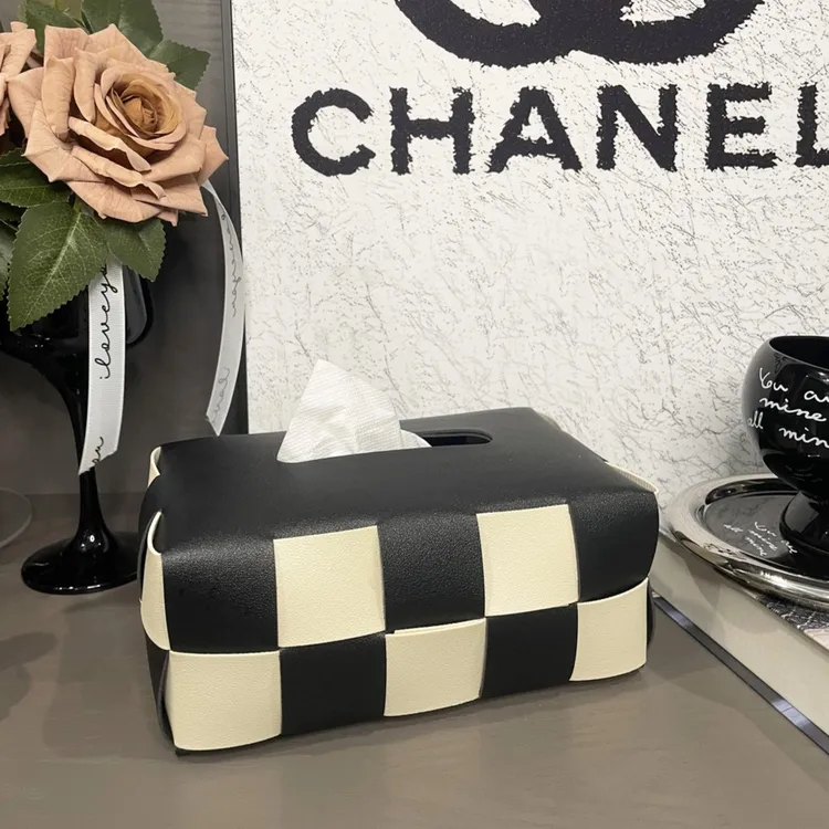 复古黑白棋盘格纸巾盒客厅简约创意餐桌皮革抽纸盒纸抽盒餐巾纸盒