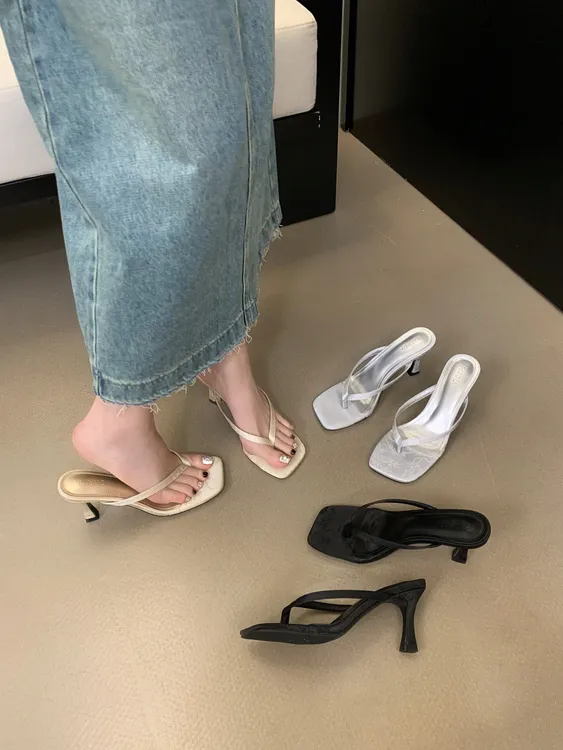 银色夹趾凉鞋女人字拖高跟细跟夹脚夏季外穿时尚百搭拖鞋方头凉拖