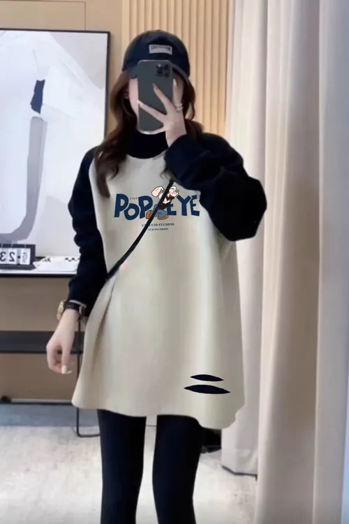 中长款搭配鲨鱼裤上衣撞色长袖t恤女宽松德绒加厚打底衫春秋冬季 