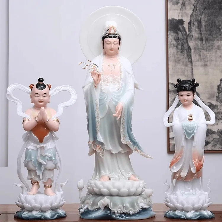 汉白玉南海观世音站像家用金童玉女善财龙女护法摆件家用玄关摆设