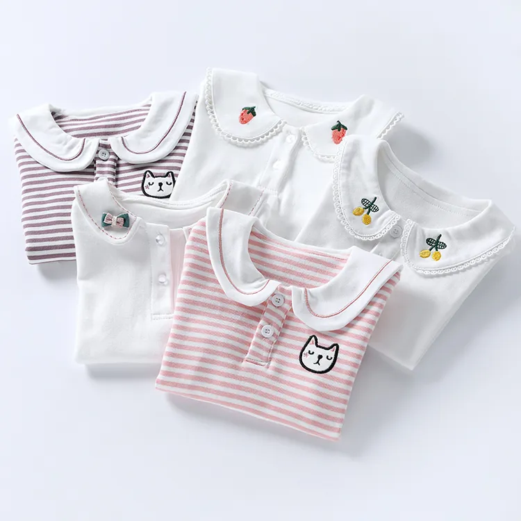 女童打底衫纯棉春装女孩中大童刺绣翻领POLO衫儿童衬衫上衣T恤春