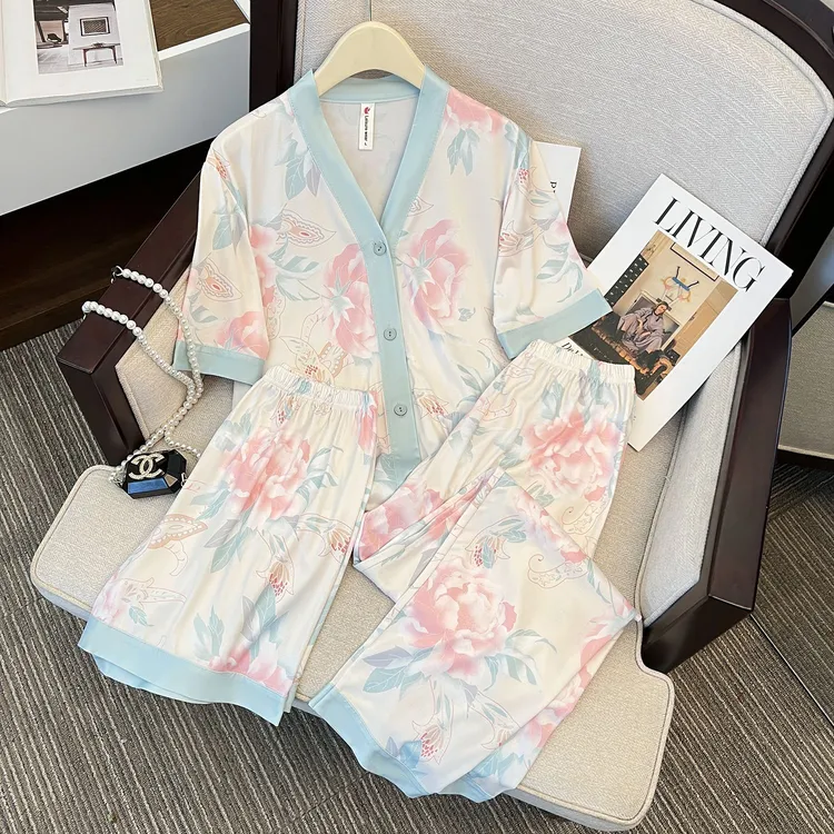【牡丹花三件套睡衣】2025新款夏季舒适弹力睡衣家居服三套装82163