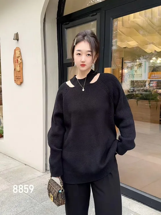 时尚胖妹儿露肩毛衣秋冬宽松慵懒氛围感外穿针织上衣休闲百搭