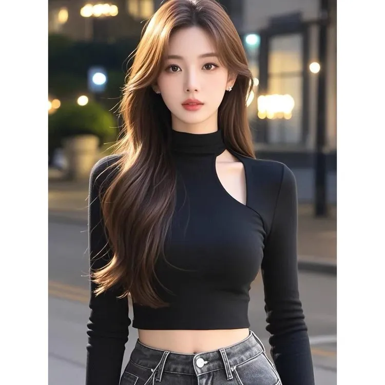 春季独特别致镂空半高领长袖打底衫女内搭设计感修身绝美短款上衣