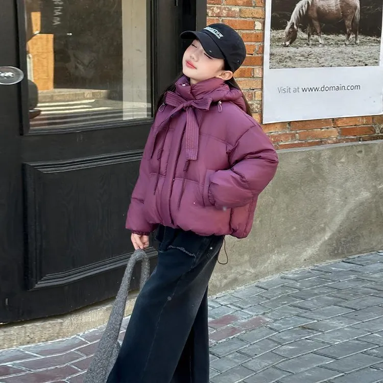 儿童飘带羽绒服短款2025冬季新款加厚白鸭绒冬装女大童韩版童装潮