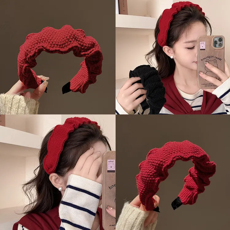 显脸小红色发箍女2024新款秋冬甜美毛线高颅顶褶皱头箍压发卡头饰