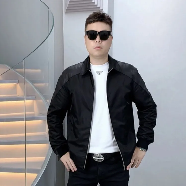 【ZUNPIN】名店-绵羊皮拼接高密尼龙面料男士纯色百搭薄棉夹克 5317