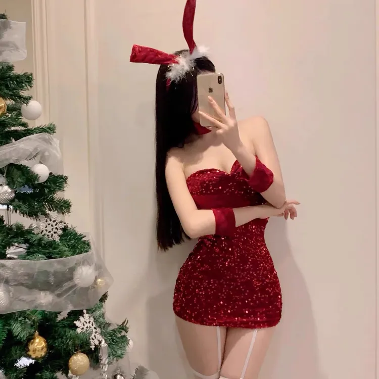 「圣诞小兔」圣诞战袍纯欲性感连衣裙闪片可爱修身包臀裙套装