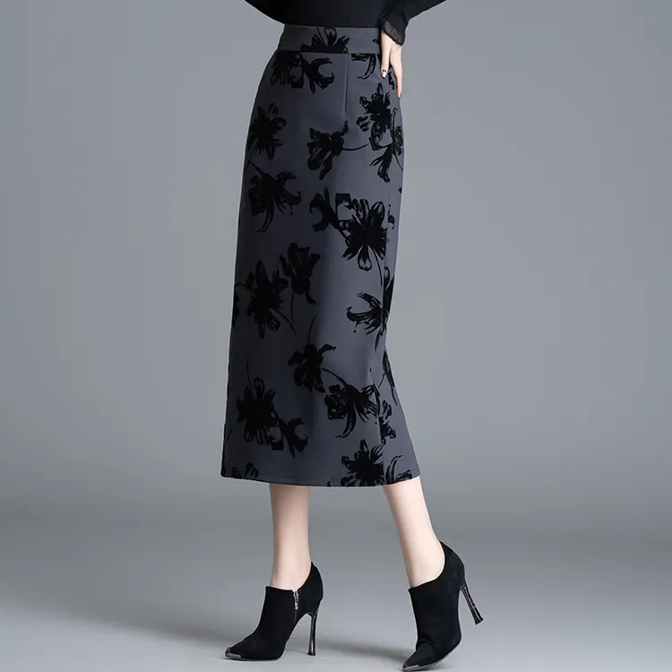 西装裙秋冬新款优雅植绒提花直筒后开叉显瘦高腰中长款包臀半身裙