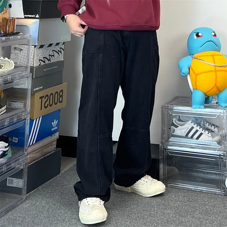 斌斌不冰百搭微胖男装Cleanfit复古洗水美式立体拼接基础潮牛仔裤