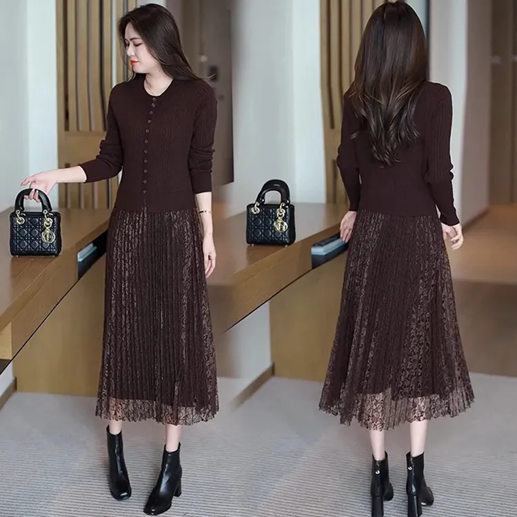 假两件针织连衣裙女2024秋冬新款时尚收腰显瘦中长款配大衣打底裙