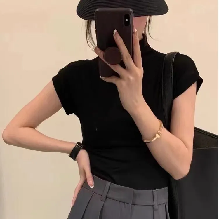 软糯显瘦气质小立领短袖打底上衣纯色修身百搭简约