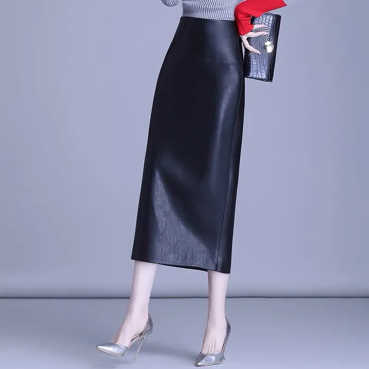 2025海宁皮裙女长款高腰过膝半身裙时尚百搭显瘦开叉包臀裙中长款