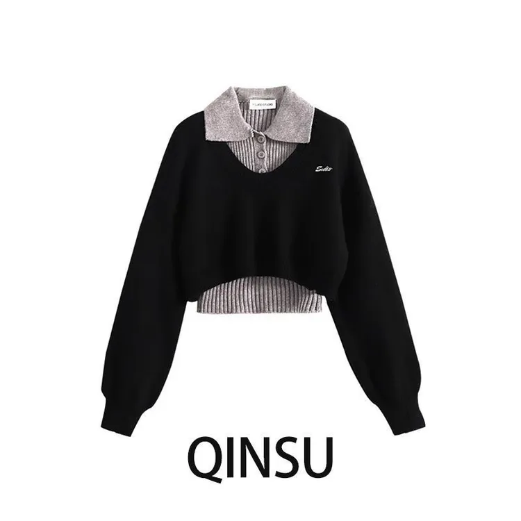 秋季韩系上衣女2024新款时尚Polo领减龄短款毛衣针织衫背心两件套