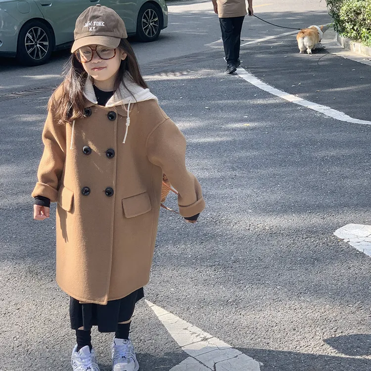 儿童双面羊绒大衣2024冬季新款韩版呢子女童双排扣连帽毛呢外套