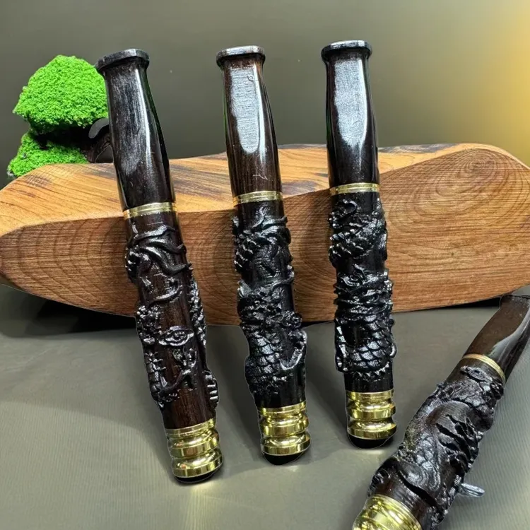 黑-檀木雕刻浮雕龙烟嘴(粗中细)三用实木双过滤器精美根雕男烟具 