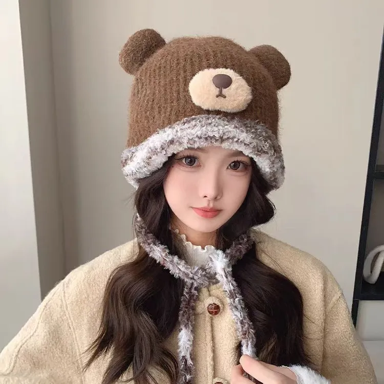 护耳帽可爱小熊毛绒帽子女冬季显脸小保暖帽护耳系绳针织毛线帽