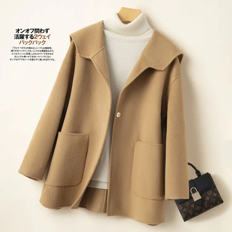 反季清仓双面羊绒大衣女短款海军领宽松小个子纯色羊毛呢子外套