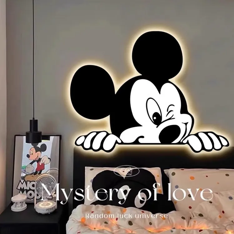 卡通米奇装饰画带灯led氛围灯画儿童房墙壁画男女孩卧室床头挂画