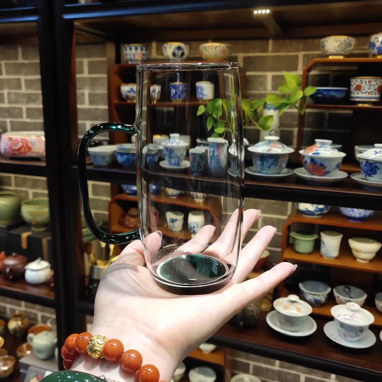 水璃方绿茶杯咖色底绿茶杯400毫升