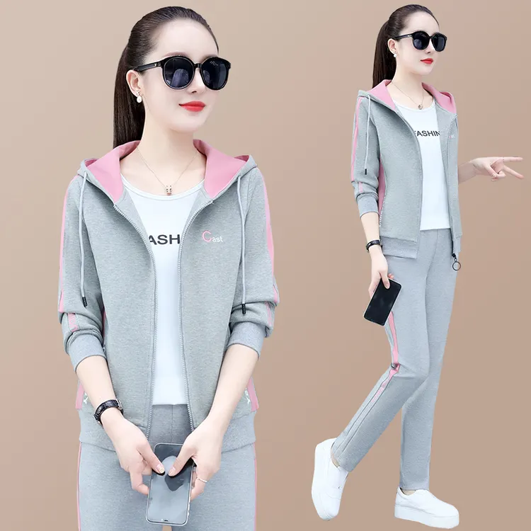休闲运动套装女春秋季新款时尚宽松休闲服洋气减龄连帽卫衣三件套