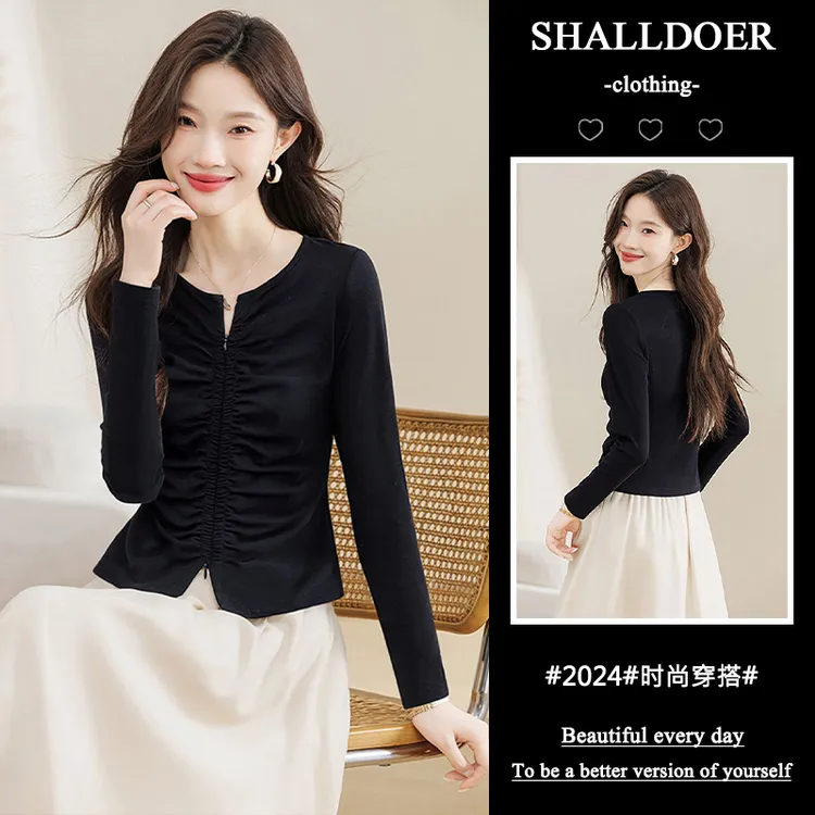 小众高级感轻奢女装百搭上衣2025春秋季新款洋气抽褶减龄长袖T恤