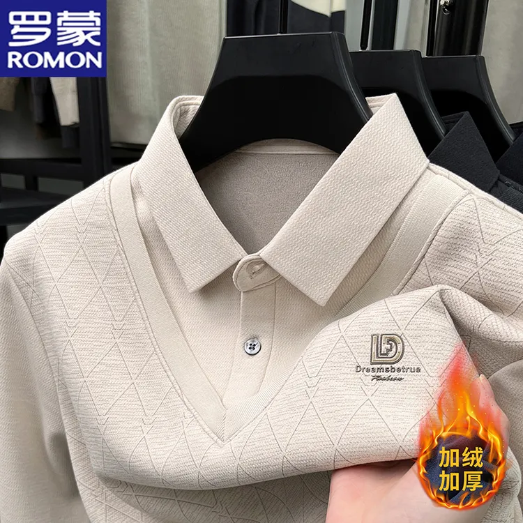罗蒙冬季加绒男士衬衫领假两件中老年保暖抗寒宽松加厚打底衫毛衣