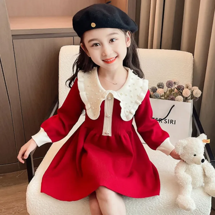 儿童红色秋冬季裙子珍珠过年服新年拜年服女童女宝宝秋冬连衣裙