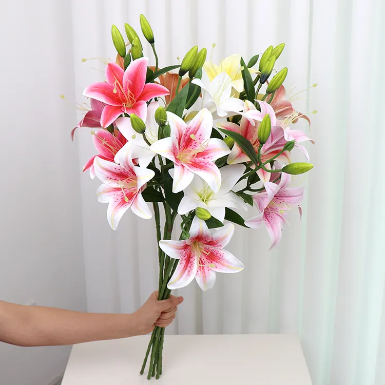 3花头百合花高75cm仿真白色百合花3D胶片材质家居黄色摆设假花艺