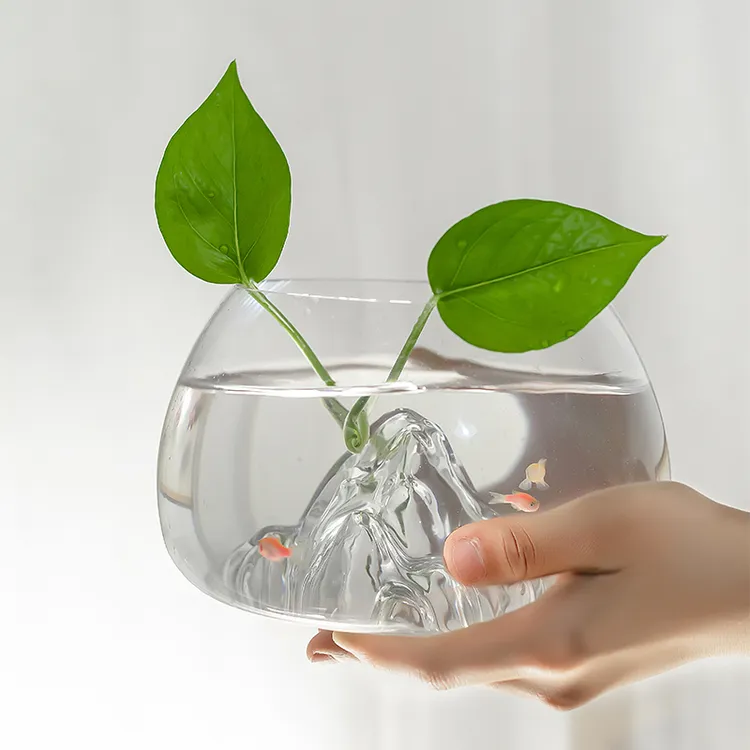 冰山小鱼缸桌面高透明迷你小型客厅家用办公室加厚创意圆形摆件